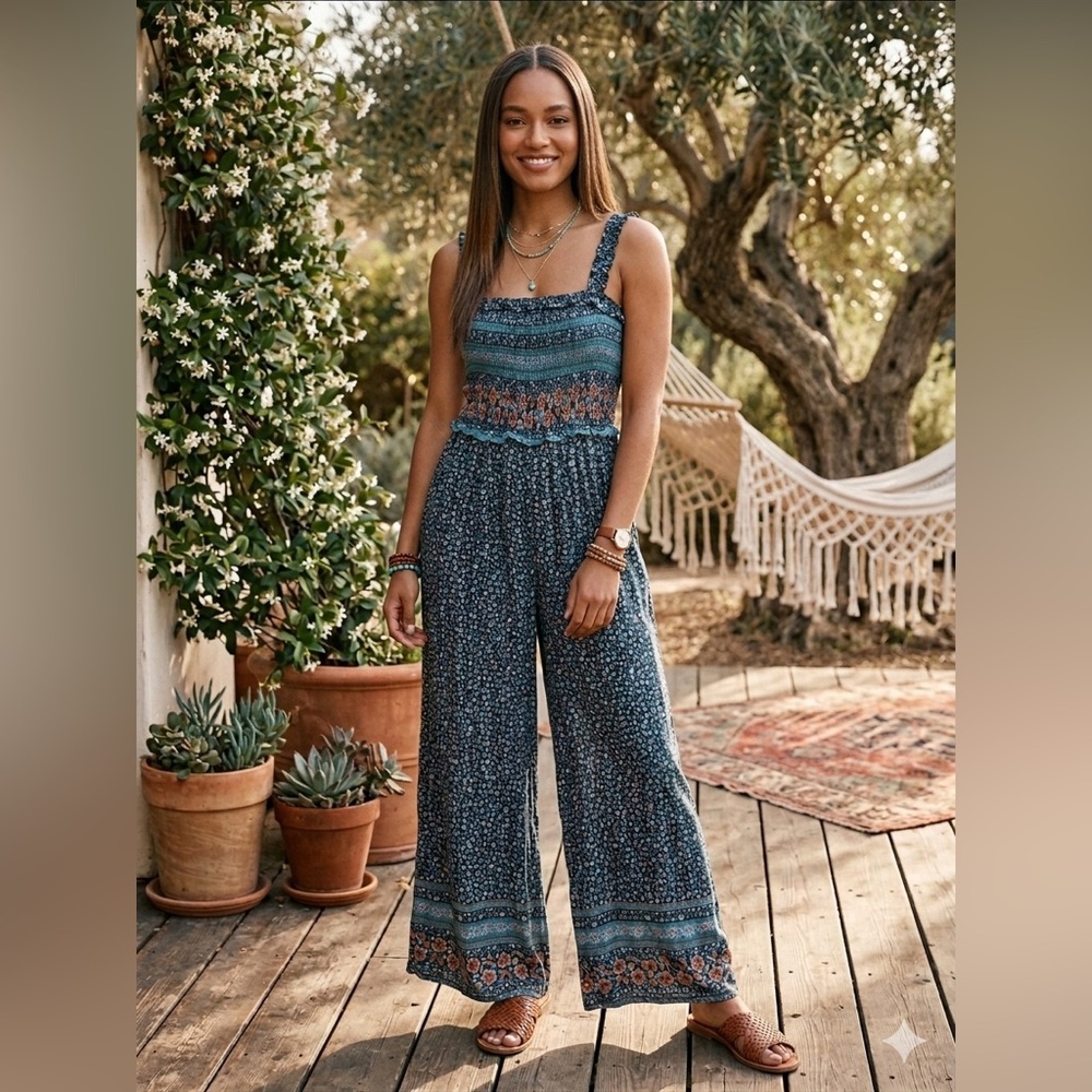 Davi & Dani Square Neck Floral Bohemian Jumpsuit , size Large